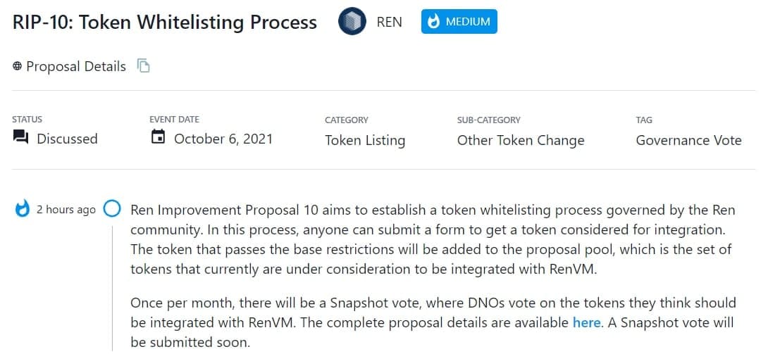 Ren Improvement Proposal 10 được công bố
