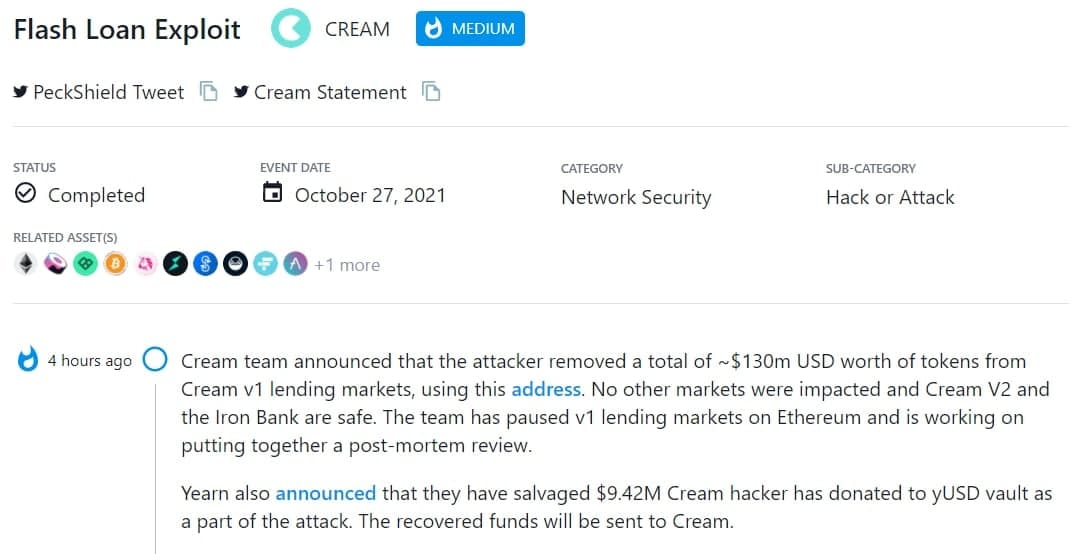 Cream team thông báo hacker đã lấy đi số token tương đương $130 triệu