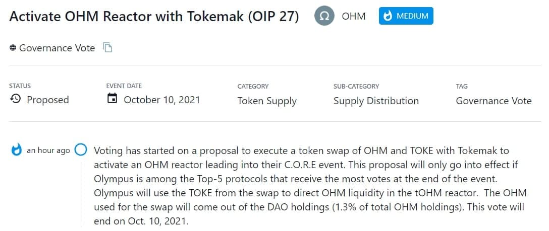 OHM bỏ phiếu cho đề xuất thực hiện swap OHM và TOKE với Tokemak