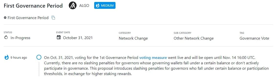 Bỏ phiếu cho biện pháp biểu quyết 1st Governance Period đã bắt đầu vào 31/10/2021