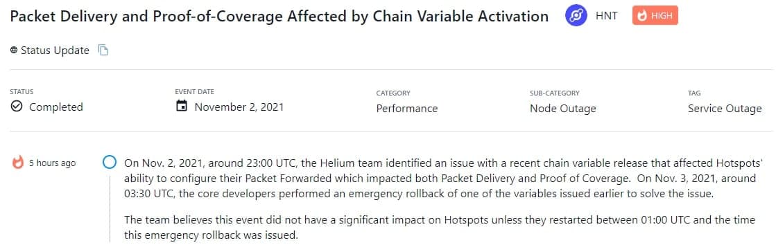 Helium xác định được sự cố với bản phát hành biến chuỗi vào 23:00 UTC, 02/11/2021