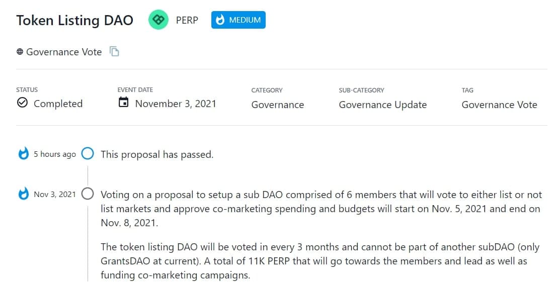 PERP thông qua đề xuất thiết lập một DAO phụ bao gồm 6 thành viên