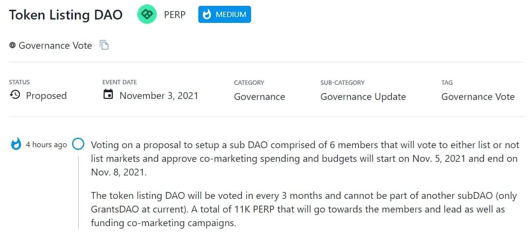 PERP bỏ phiếu cho đề xuất thiết lập một DAO phụ bao gồm 6 thành viên