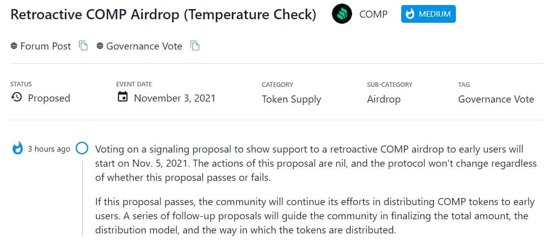 Bỏ phiếu cho đề xuất thể hiện sự hỗ trợ đối với airdrop COMP có hiệu lực trở lại cho người dùng đầu tiên