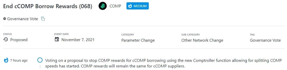 Bỏ phiếu đề xuất ngừng thưởng COMP cho việc vay cCOMP
