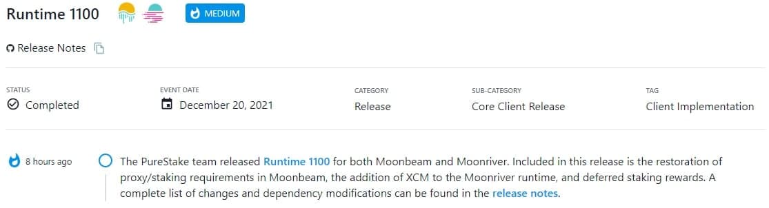 PureStake team ra mắt Runtime 1100 cho cả Moonbeam và Moonriver