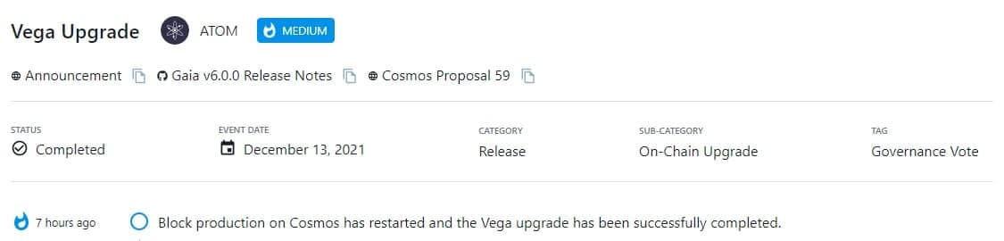 Quá trình sản xuất block trên Cosmos đã khởi động lại và quá trình nâng cấp Vega đã thành công