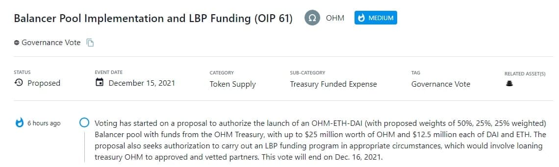 Bắt đầu bỏ phiếu đề xuất ra mắt OHM-ETH-DAI bằng ngân sách từ OHM Treasury