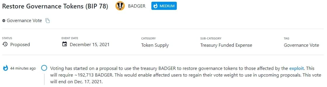 Bắt đầu bỏ phiếu cho đề xuất sử dụng ngân quỹ BADGER để khôi phục token quản trị bị ảnh hưởng sau cuộc tấn công