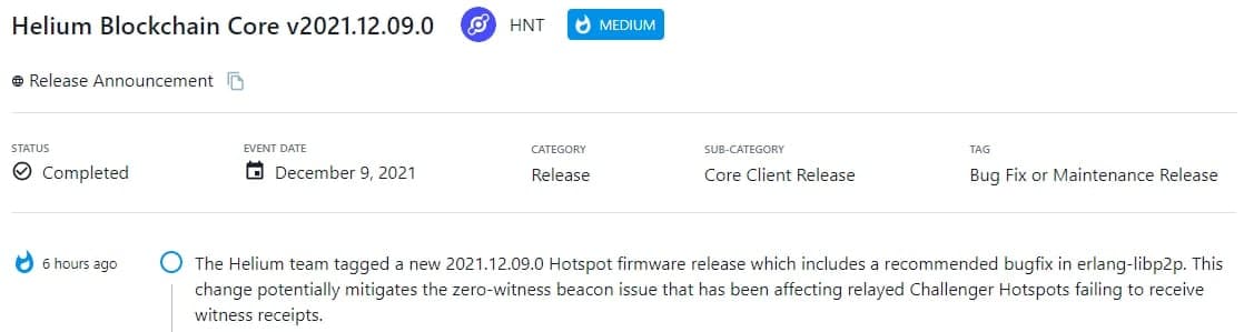 Helium team gắn thẻ 2021.12.09.0 Hotspot firmware gồm 1 bản sửa lỗi được đề xuất trong erlang-libp2p