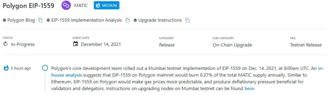 Nhóm phát triển cốt lõi Polygon triển khai Mumbai testnet của EIP-1559 lúc 8:00am UTC 14/12/2021