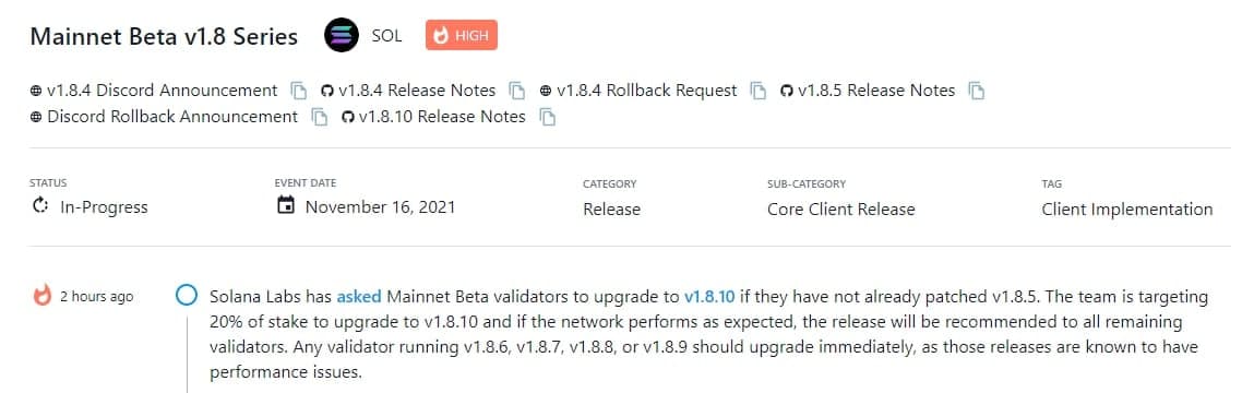 Solana Labs yêu cầu các Mainnet Beta validator nâng cấp lên v1.8.10 nếu chưa khôi phục về v1.8.5