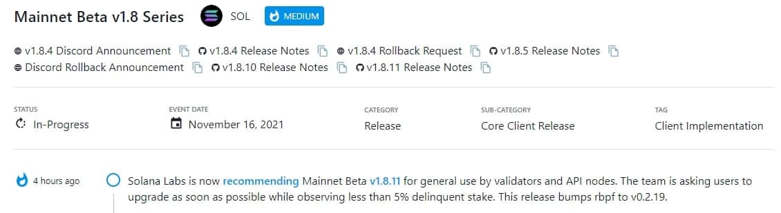 Solana Labs khuyến nghị Mainnet Beta v1.8.11 để validator và các API node sử dụng chung