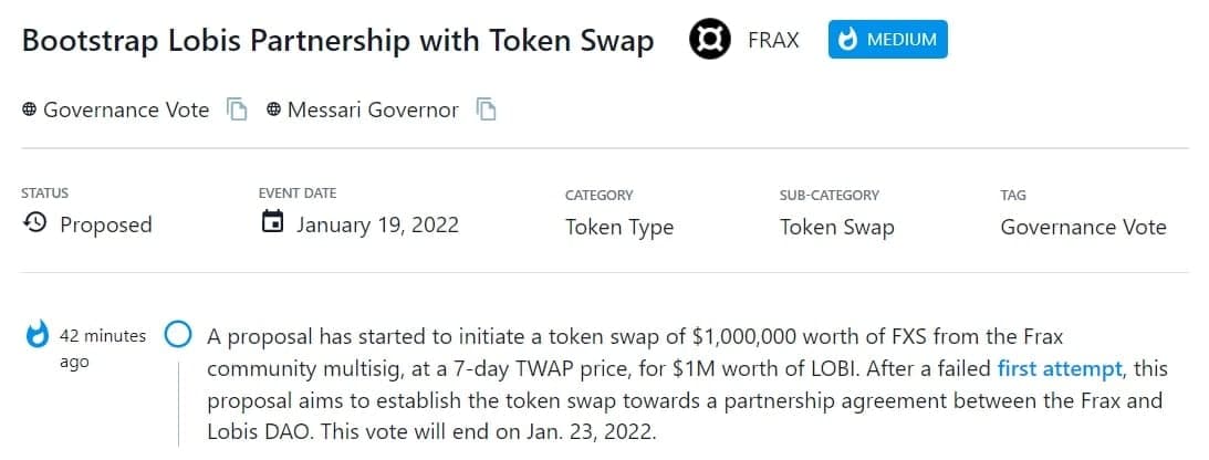 Bỏ phiếu cho đề xuất bắt đầu thực hiện swap token trị giá $1,000,000 FXS cho $1,000,000 LOBI