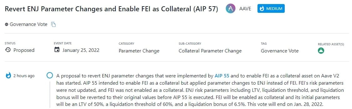 AAVE bỏ phiếu cho đề xuất hoàn nguyên các thay đổi tham số ENJ đã được AIP 55 thực hiện và cho phép FEI làm tài sản thế chấp trên Aave V2 