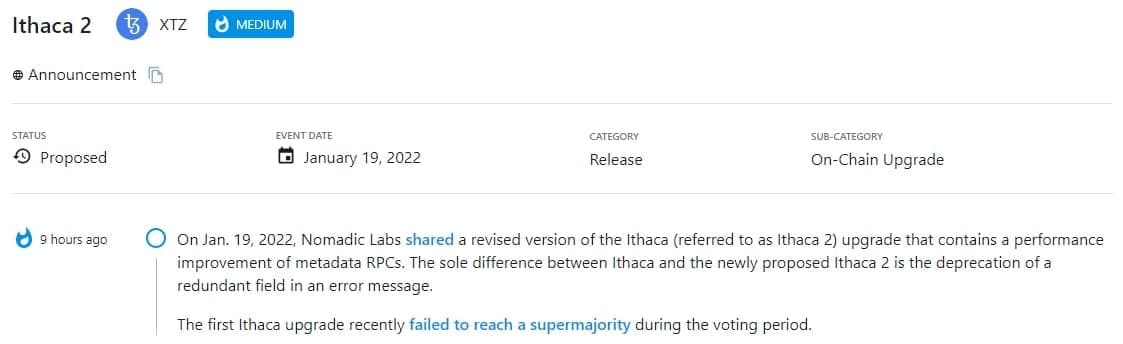 Nomadic Labs chia sẻ thông tin về phiên bản sửa đổi của nâng cấp Ithaca (gọi tắt là Ithaca 2) vào 19/01/2022