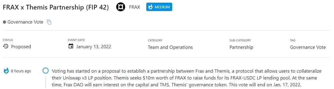 FRAX bắt đầu bỏ phiếu cho đề xuất thành lập quan hệ đối tác với Themis