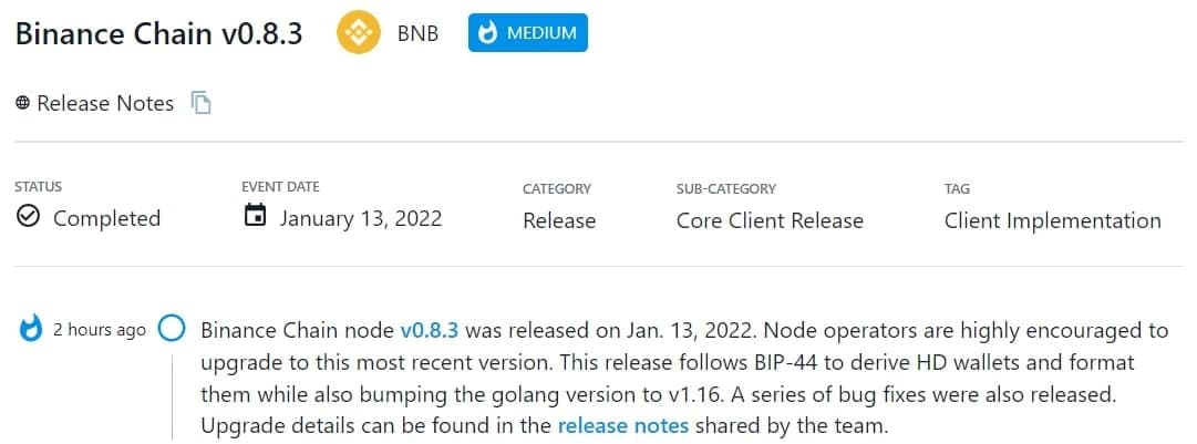 Binance Chain node v0.8.3 ra mắt vào 13/01/2022