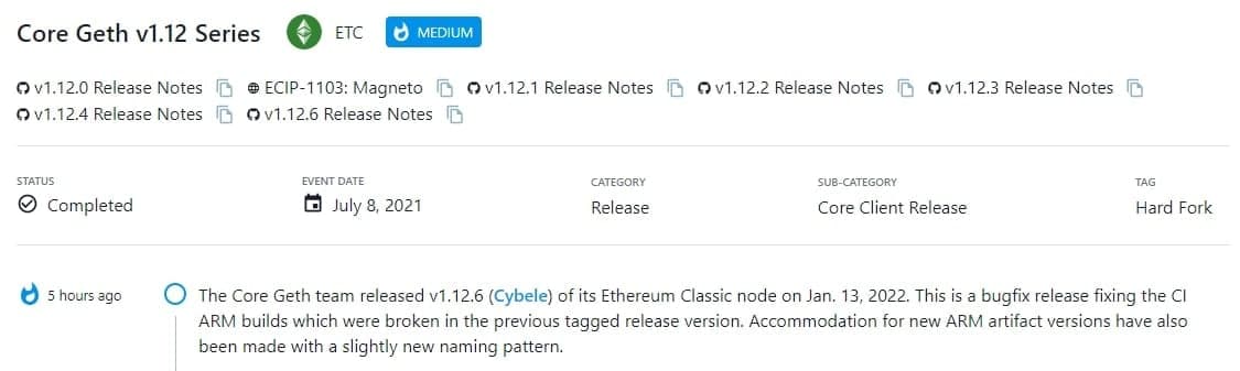 Core Geth team phát hành v1.12.6 (Cybele) cho Ethereum Classic node vào 13/01/2022