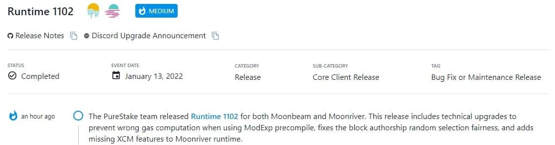 PureStake team phát hành Runtime 1102 cho Moonbeam và Moonriver