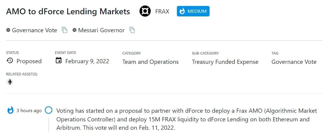 Bắt đầu bỏ phiếu cho đề xuất hợp tác với dForce để triển khai Frax AMO (Algorithmic Market Operations Controller)