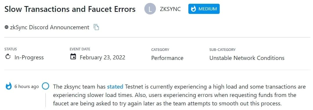 zksync team cho biết Testnet hiện đang trải qua mức tải cao và một số giao dịch đang gặp phải thời gian tải chậm hơn