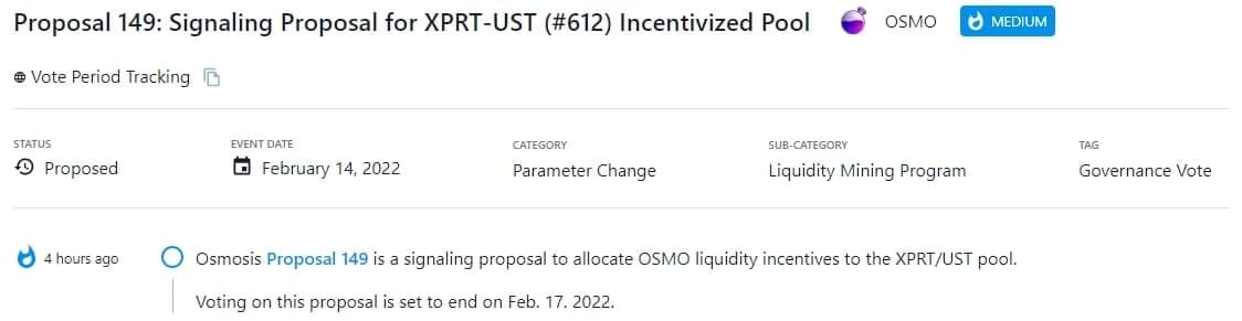 Osmosis Proposal 149 là một đề xuất báo hiệu để phân bổ các ưu đãi thanh khoản OSMO cho pool XPRT/UST.