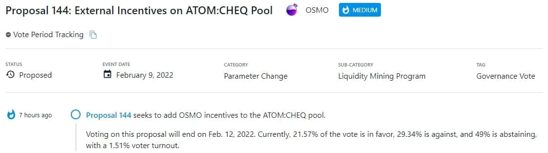 Proposal 144 tìm cách thêm các ưu đãi OSMO vào pool ATOM:CHEQ.