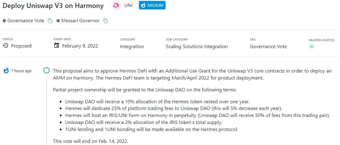 Đề xuất nhằm phê duyệt Hermes DeFi với Additional Use Grant cho các hợp đồng cốt lõi Uniswap V3 để triển khai AMM trên Harmony