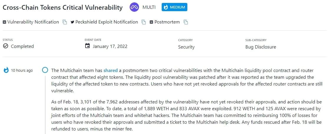 Multichain team cho biết hai lỗ hổng bảo mật nghiêm trọng sau xử lý với hợp đồng pool thanh khoản Multichain và hợp đồng bộ định tuyến đã ảnh hưởng đến tám token