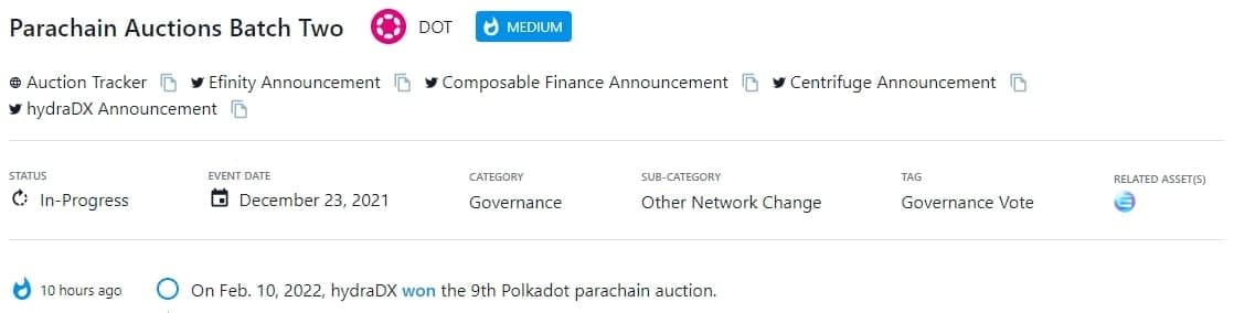 hydraDX đã thắng trong cuộc đấu giá Polkadot parachain lần thứ 9 vào 10/02/2022