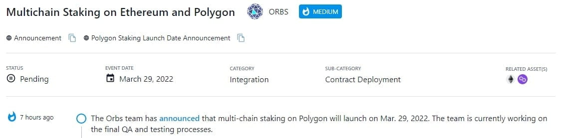 Orbs team thông báo multi-chain staking trên Polygon sẽ ra mắt vào ngày 29 tháng 3 năm 2022