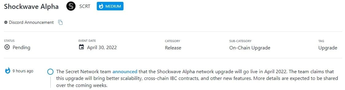 Secret Network thông báo bản nâng cấp Shockwave Omega sẽ có hiệu lực vào tháng 6 năm 2022