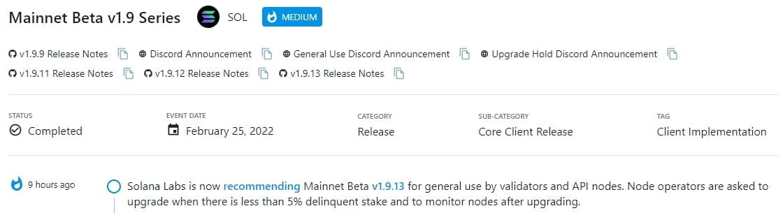 Solana Labs đề xuất Mainnet Beta v1.9.13 để trình xác thực và các nút API sử dụng chung