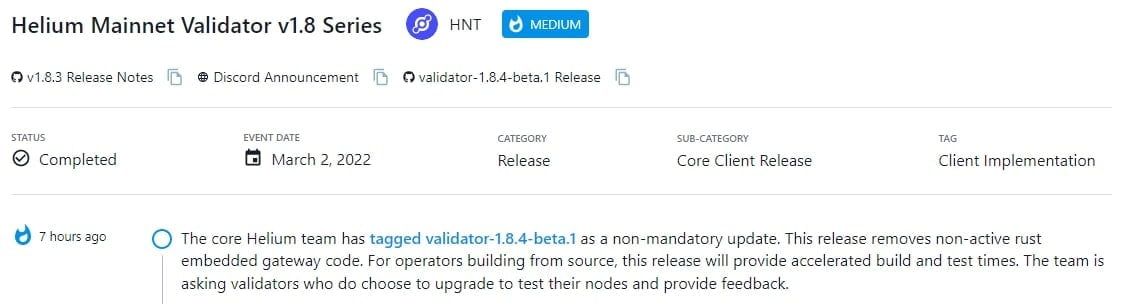 Helium team đánh dấu validator-1.8.4-beta.1 là bản cập nhật không bắt buộc