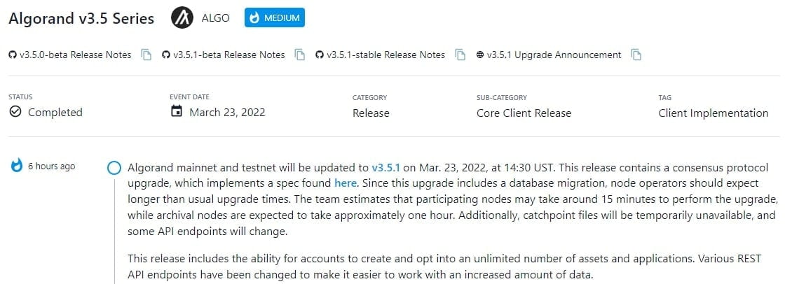 Algorand mainnet và testnet sẽ được cập nhật lên v3.5.1 vào ngày 23 tháng 3 năm 2022, lúc 14:30 UST