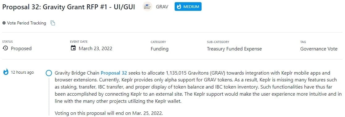 Gravity Bridge Chain Proposal 32 phân bổ 1.135.015 Graviton (GRAV) để tích hợp với các ứng dụng di động Keplr và tiện ích mở rộng trình duyệt