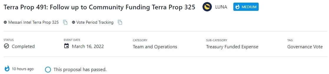 Thông qua Terra Prop 491 để các quỹ được giải ngân từ nhóm cộng đồng từng được thống nhất trong Terra Prop 325 (LUNA trị giá $20,000)