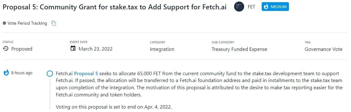 Fetch.ai Proposal 5 phân bổ 65.000 FET từ quỹ cộng đồng hiện tại cho nhóm phát triển stake.tax để hỗ trợ Fetch.ai