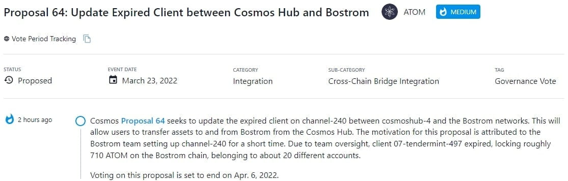 Cosmos Proposal 64 cập nhật client đã hết hạn trên channel-240 giữa mạng cosmoshub-4 và Bostrom