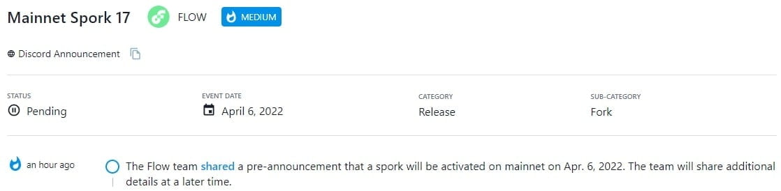 Flow team chia sẻ một thông báo trước rằng một spork sẽ được kích hoạt trên mainnet vào ngày 6 tháng 4 năm 2022
