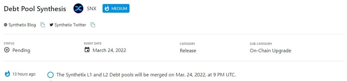 Các Synthetix L1 và L2 Debt pool sẽ được hợp nhất vào ngày 24 tháng 3 năm 2022, lúc 9 PM UTC