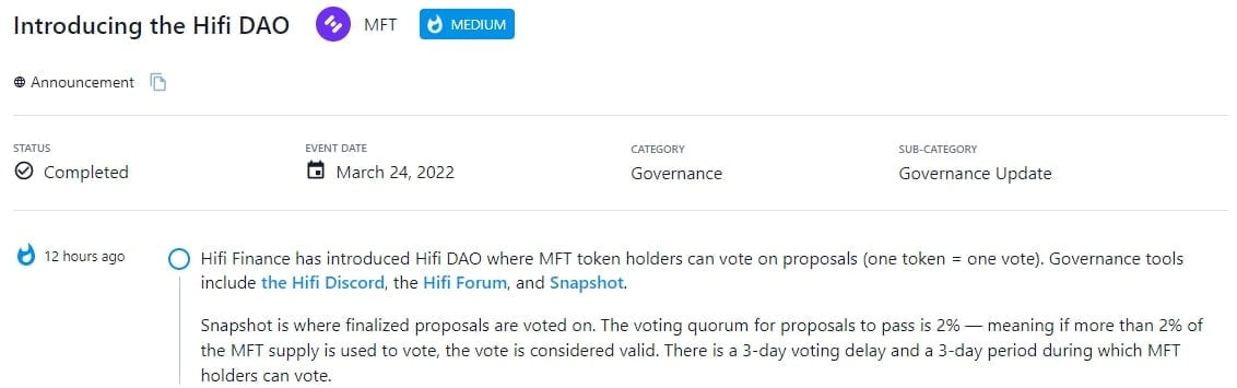 Hifi Finance giới thiệu Hifi DAO nơi chủ sở hữu $MFT có thể bỏ phiếu cho các đề xuất (one token = one vote)