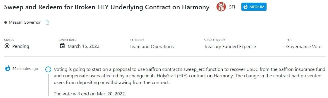 Bỏ phiếu cho đề xuất sử dụng chức năng wipe_erc của hợp đồng Saffron để thu hồi USDC từ quỹ bảo hiểm Saffron 