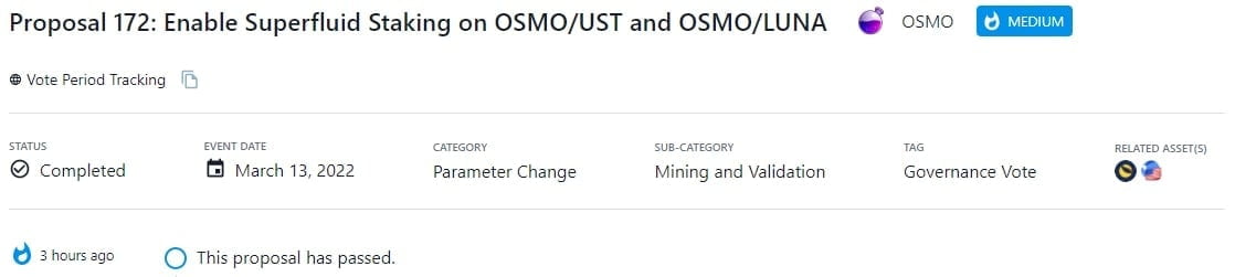 Thông qua Osmosis Proposal 172 cho phép Superfluid Staking trên các pool OSMO/UST và OSMO/LUNA trên Osmosis DEX