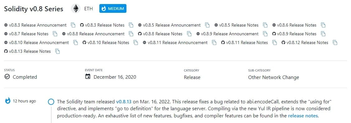 Nhóm Solidity đã phát hành v0.8.13 vào ngày 16 tháng 3 năm 2022