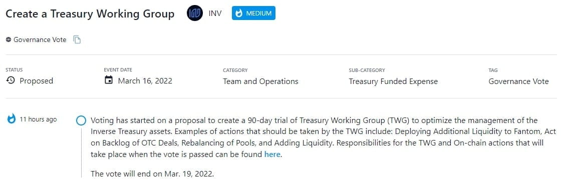 Bắt đầu bỏ phiếu cho đề xuất tạo bản dùng thử 90 ngày của Treasury Working Group (TWG) để tối ưu hóa việc quản lý các tài sản Inverse Treasury