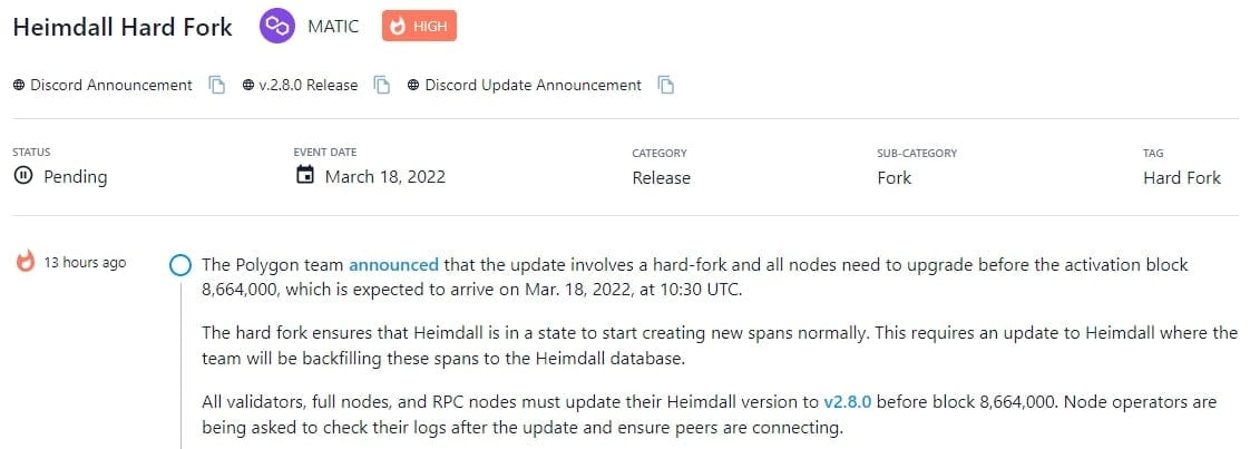 Polygon team thông báo bản cập nhật liên quan đến hard fork và tất cả các nút cần phải nâng cấp trước block 8,664,000, dự kiến sẽ đến vào ngày 18 tháng 3 năm 2022, lúc 10:30 UTC