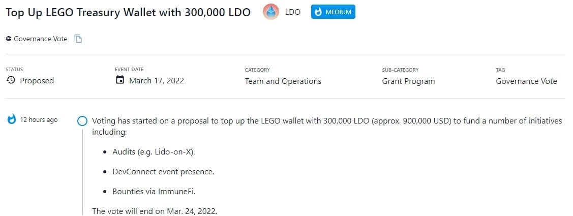 Bỏ phiếu cho đề xuất nạp vào ví LEGO 300.000 LDO (khoảng 900.000 USD) để tài trợ cho một số sáng kiến