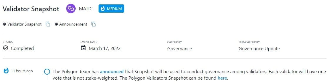 Polygon team thông báo Snapshot sẽ được sử dụng để thực hiện quản trị giữa các trình xác thực
